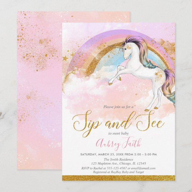 Elegant unicorn sip and see girl pastel rainbow invitation (Front/Back)