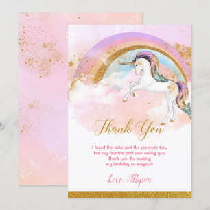 Elegant unicorn thank you cards pink gold rainbow