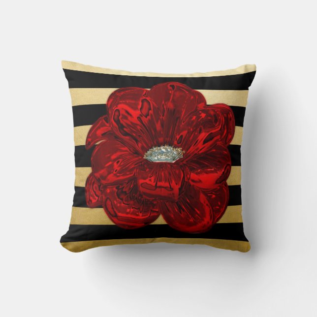 Elegant Unique Black Gold Bloomed Red Rose Throw Cushion (Front)