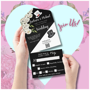 Elegant Unique Black & White Floral Photo  All In One Invitation