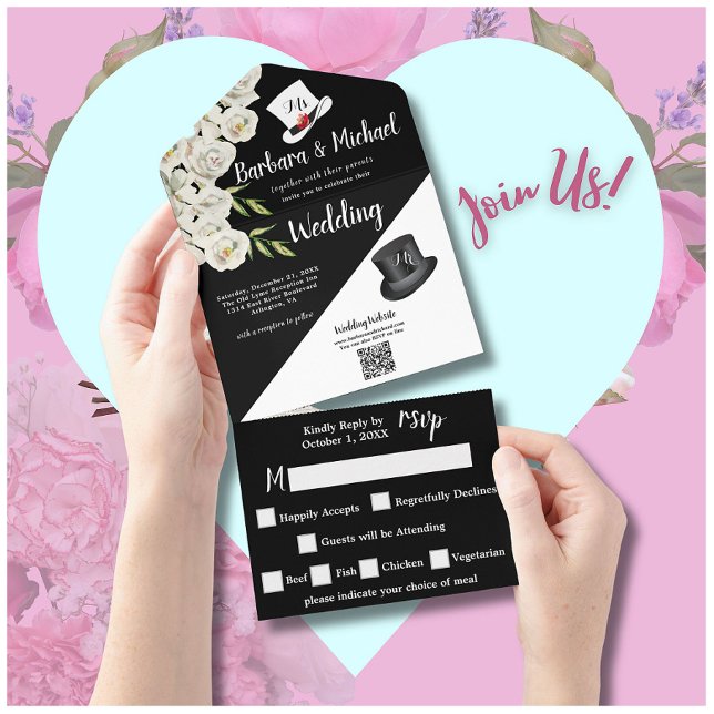 Elegant Unique Black & White Floral Photo  All In One Invitation (Creator Uploaded)