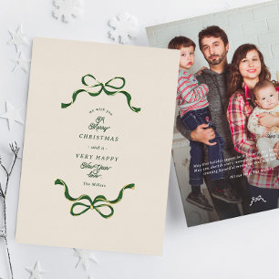 Elegant Unique Christmas Bows Cream & Green Photo Foil Holiday Card
