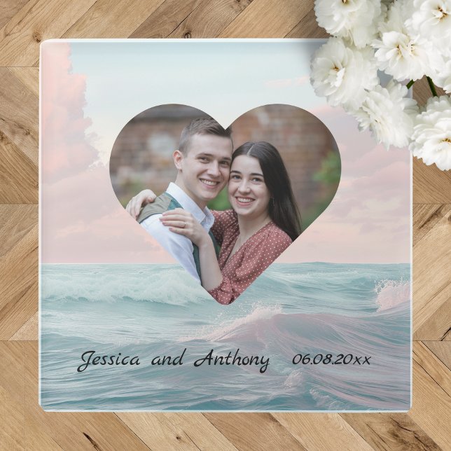 Elegant Unique Coastal Beach Wedding Photo Glass Coaster (Creator Uploaded)