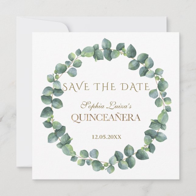 Elegant Unique Eucalyptus Foliage Gold Quinceañera Save The Date (Front)
