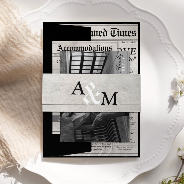 Elegant Unique Newspaper Wedding Invitation Suite Belly Band (Classic Newspaper Style Elegant black and white cute monogram initials invitation suite belly band)