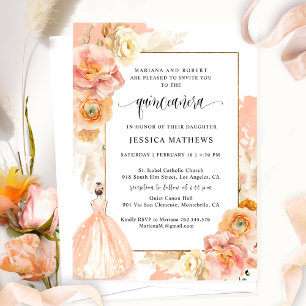 Elegant, Unique Peach Floral Princess Quinceañera Invitation