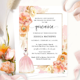 Elegant, Unique Pink Floral Princess Quinceañera Invitation