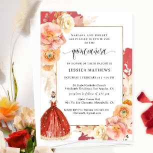 Elegant, Unique Red Floral Princess Quinceañera Invitation