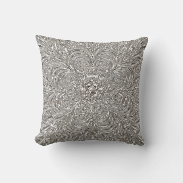Elegant Unique Silver Metallic Glass Design Throw Cushion (Front)