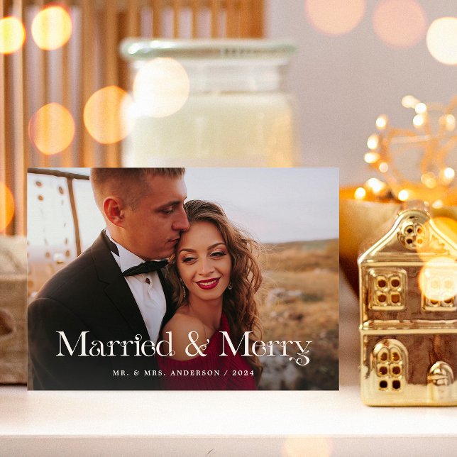 Elegant Unique Text | Two Photo Married and Merry Holiday Card (Creator Uploaded)