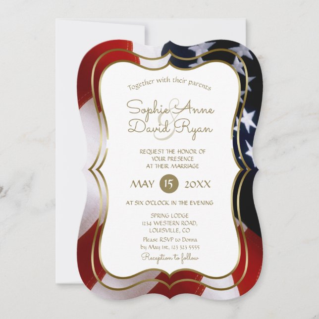 Elegant Unique USA Flag Gold Wedding Invite (Front)