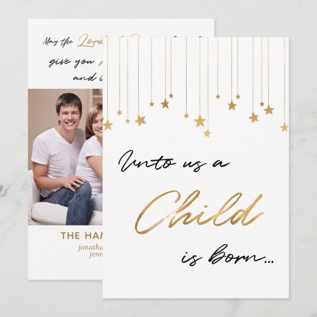 Elegant Unto Us A Child is Born Gold Photo Invitation (Front/Back)
