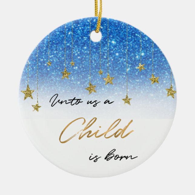 Elegant Unto Us Scripture Blue Glitter Christmas Ceramic Ornament (Front)