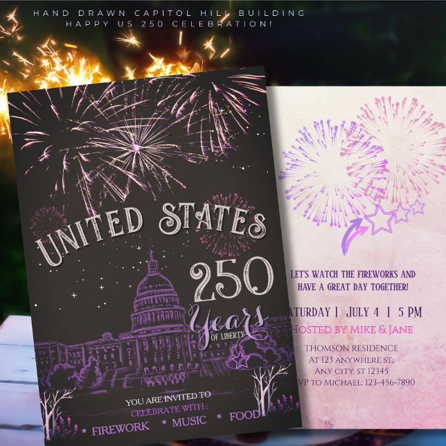 Elegant US 250 Years Firework Purple Capitol Hill  Invitation (Elegant US 250 Years Firework Purple Capitol Hill Invitation)