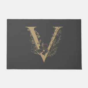 Elegant V Boho Floral Monogram Initial Grey Gold Doormat