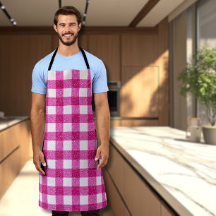Elegant Valentine Pink Glitter Tartan on White Apron
