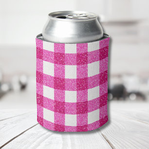 Elegant Valentine Pink Glitter Tartan on White Can Cooler