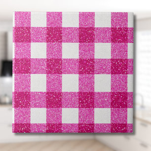 Elegant Valentine Pink Glitter Tartan on White Ceramic Tile
