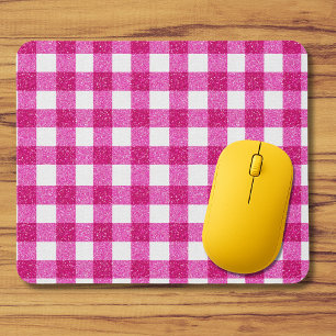 Elegant Valentine Pink Glitter Tartan on White Mouse Pad
