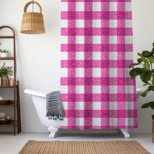 Elegant Valentine Pink Glitter Tartan on White Shower Curtain