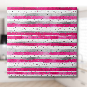 Elegant Valentine Pink Silver Hearts on Striped Ceramic Tile