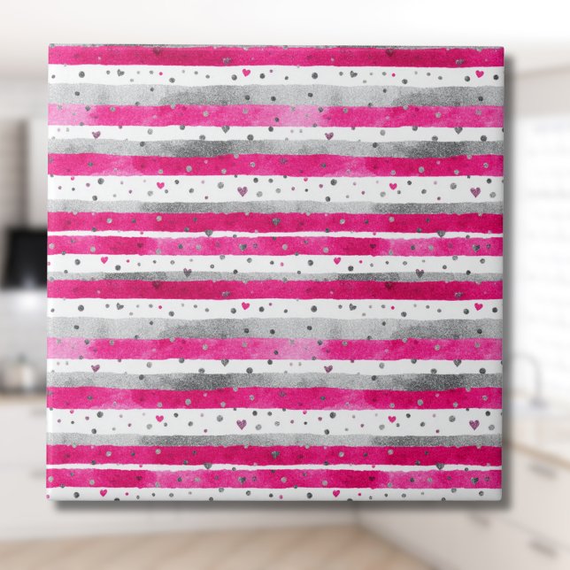 Elegant Valentine Pink Silver Hearts on Striped Ceramic Tile (Creator Uploaded)