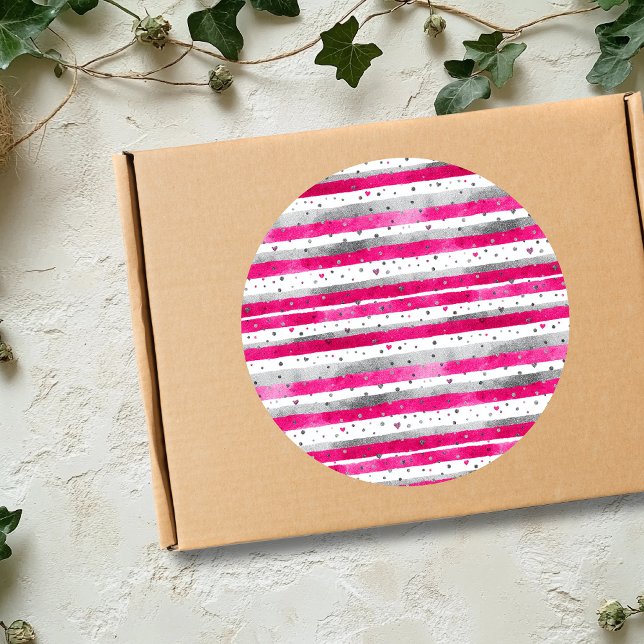 Elegant Valentine Pink Silver Hearts on Striped Classic Round Sticker (Creator Uploaded)