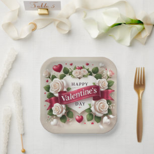 Elegant Valentine's Day Design with Roses, Hearts Paper Plate