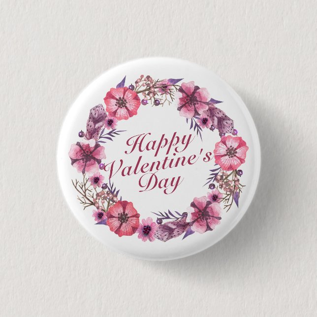 Elegant Valentine's Day Floral Wreath Pin Button (Front)