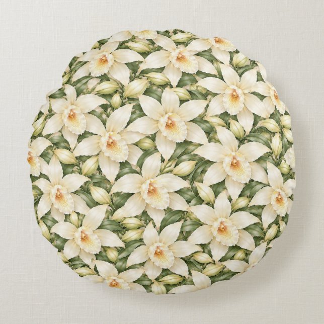 Elegant Vanilla Blossom Pattern Round Cushion (Front)