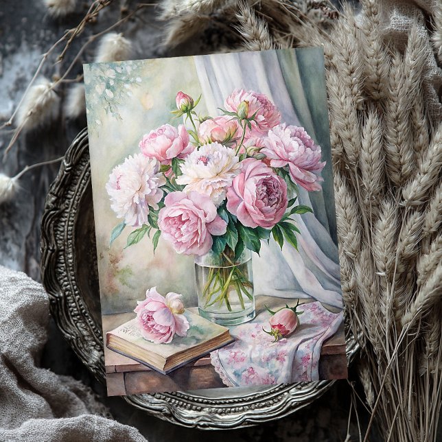 Elegant vase with pink peonies on table tissue paper (Elegant vase with pink peonies on table tissue paper)