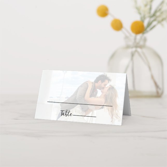 Elegant Vellum Black & White Overlay Photo Wedding Place Card (Front)