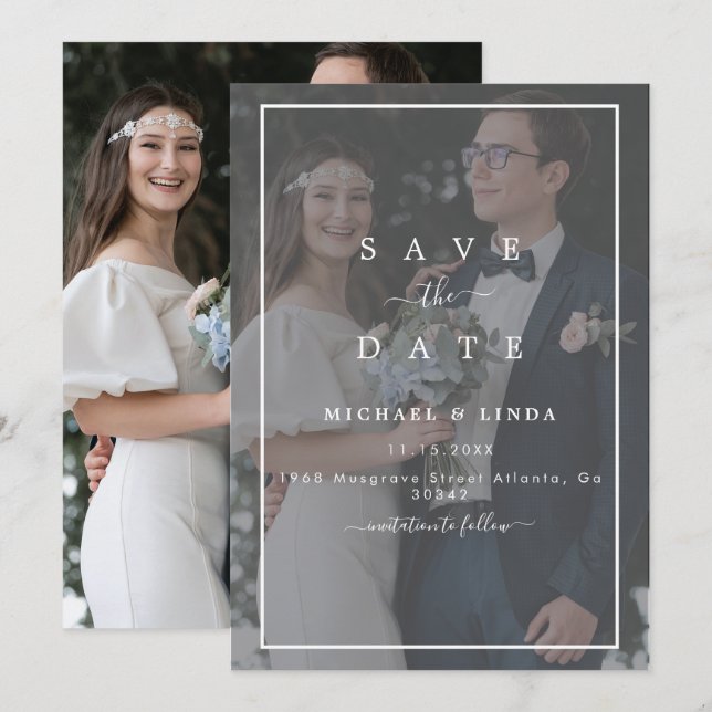 Elegant Vellum Black & White Overlay Photo Wedding Save The Date (Front/Back)