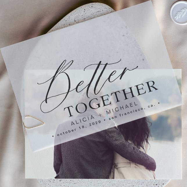 Elegant vellum overlay script wedding save date invitations (The vellum transparent overlay paper and the photo base card are sold separately )