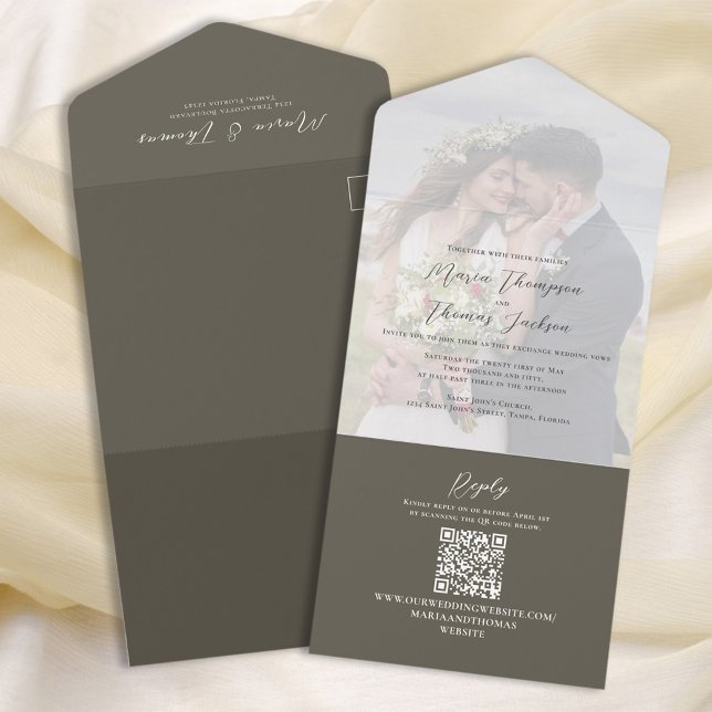 Elegant Vellum Photo Overlay Dark Brown | QR Code All In One Invitation (Creator Uploaded)