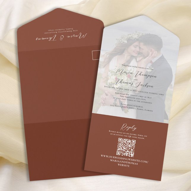 Elegant Vellum Photo Overlay Terracotta | QR Code All In One Invitation (Creator Uploaded)