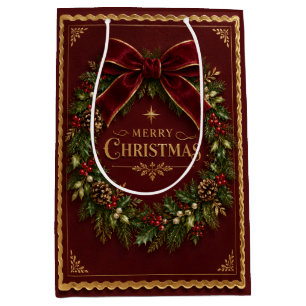Elegant Velvet Bow Christmas, Luxury Botanical Medium Gift Bag