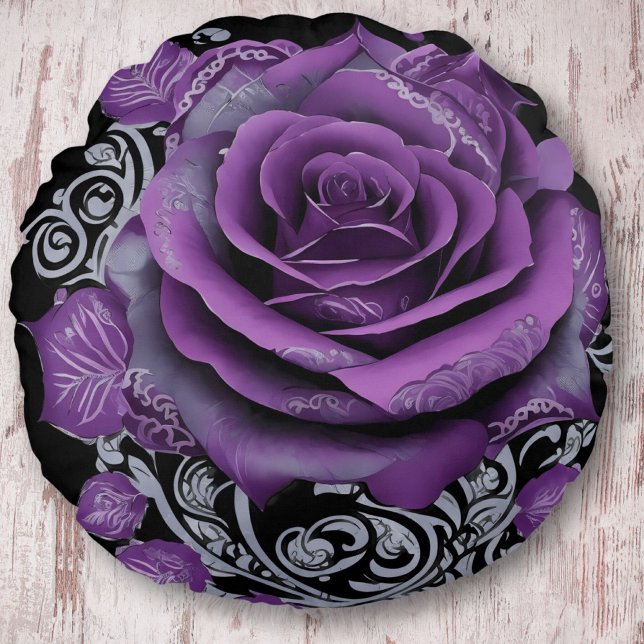 Elegant velvet rose surrounded by Tribal pattern Round Cushion (Creator Uploaded)