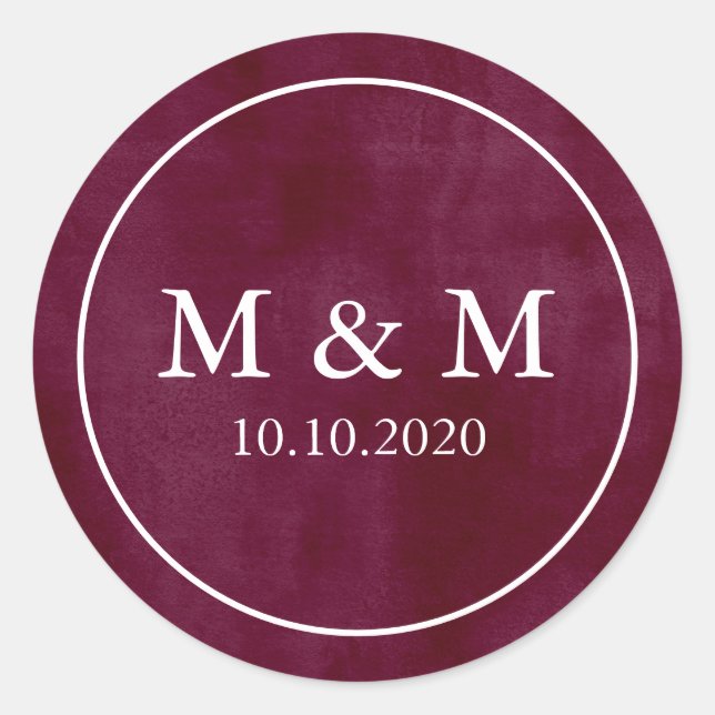 Elegant Velvety Burgundy  Wedding Classic Monogram Round Sticker (Front)