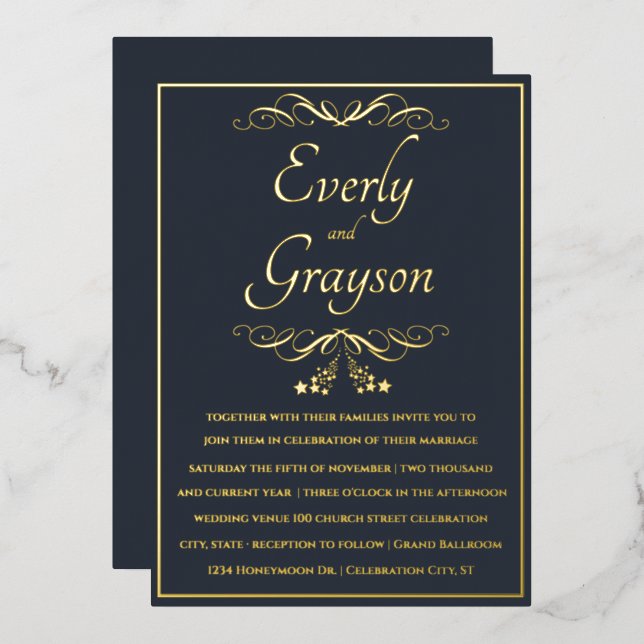 Elegant Veri Navy Blue and Gold Wedding   (Front/Back)