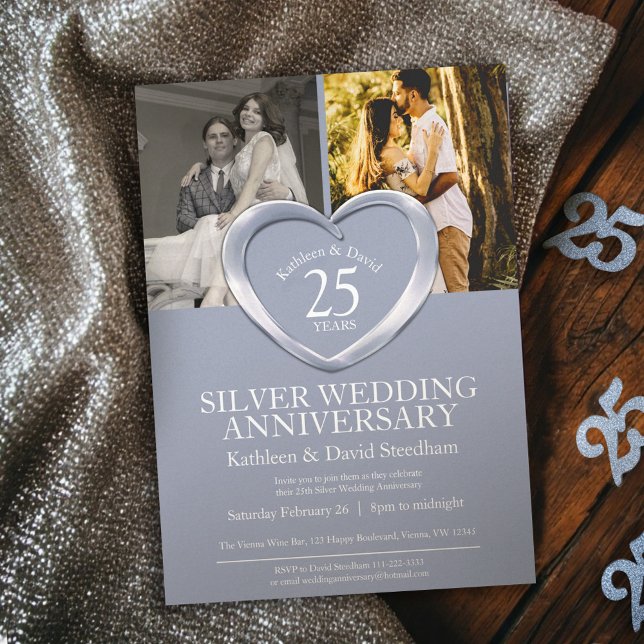 Elegant Vertical Silver 25th Wedding Anniversary Invitation (Creator Uploaded)