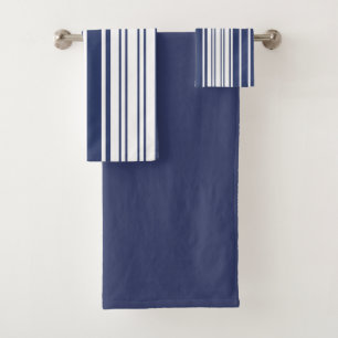 Elegant, vertical, stripes, navy blue, white bath towel set
