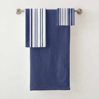 Elegant, vertical, stripes, navy blue, white bath towel set