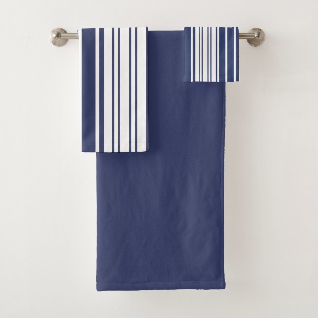 Elegant, vertical, stripes, navy blue, white bath towel set (Insitu)