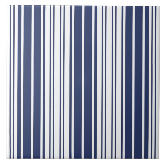 Elegant, vertical, stripes, navy blue, white ceramic tile (Front)