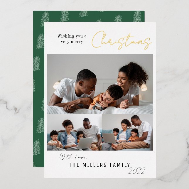 Elegant Very Merry Christmas 3 Photo  Foil Holiday Card (Front/Back)