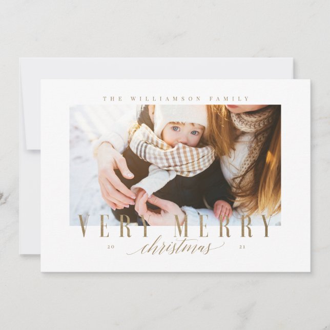 Elegant Very Merry Christmas Gold Typography Photo Holiday Card (Front)