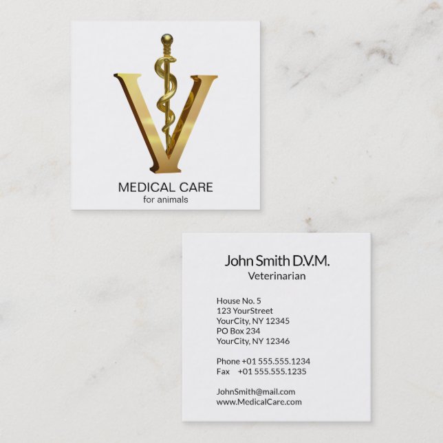 Elegant Veterinary Medicine Asclepius Vet Gold V Square Business Card (Front/Back)