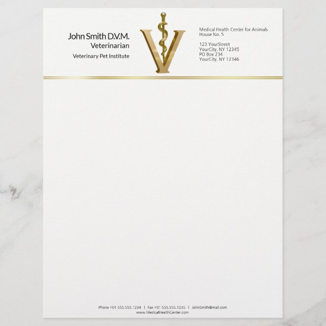 Elegant Veterinary Medicine Vet Asclepius Gold V Custom Letterhead (Front)
