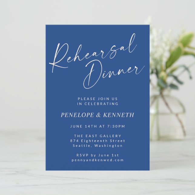 Elegant Vibrant Blue Script Rehearsal Dinner Invitation (Standing Front)